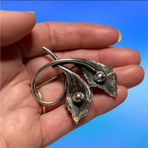 Vintage Beau Sterling Silver 925 Double Calla Lily Entwined Flower 2" Brooch Pin